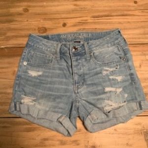 Light wash distressed denim shorts